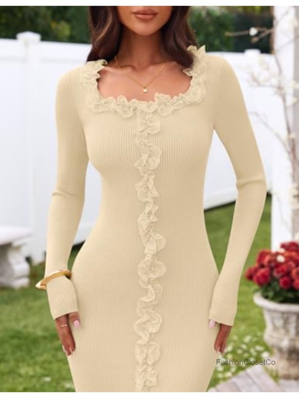 Women's Long Sleeve Ruffle Trim Bodycon Sweater Dress Fall Midi - Picture 3 of 5